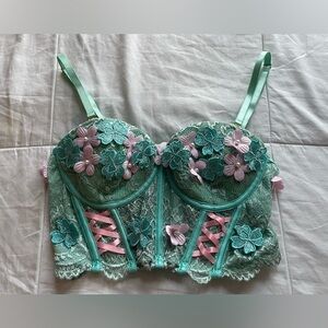 Mint Green Pink Floral Appliqué Fairy Lace Up Corset Top Small Whimsical Nymph